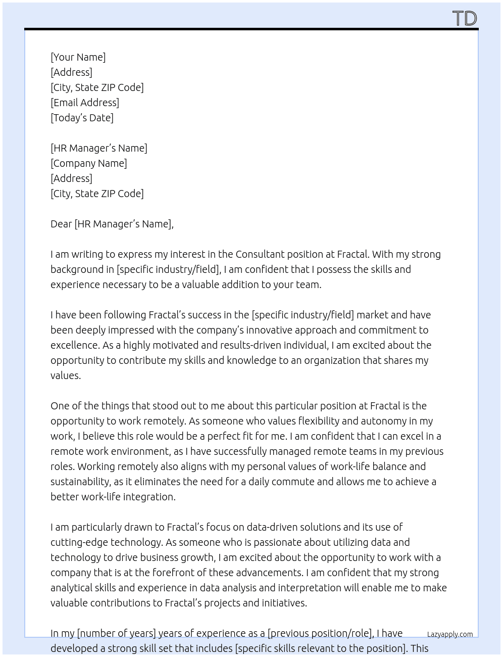 Consultant  At Fractal  Cover Letter