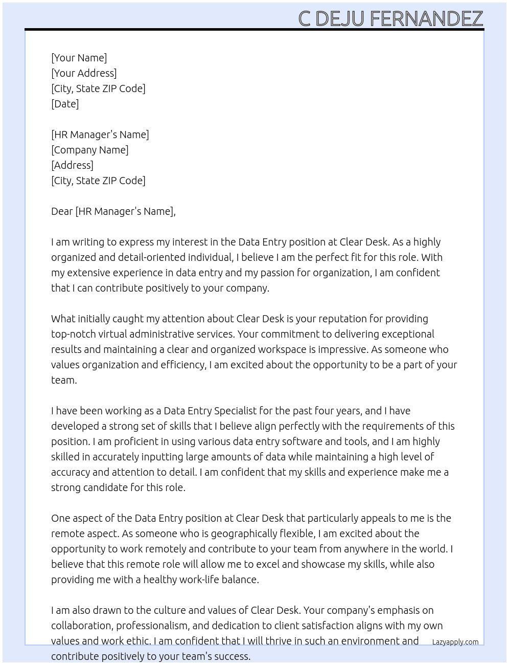 Data Entry At Clear Desk Cover Letter