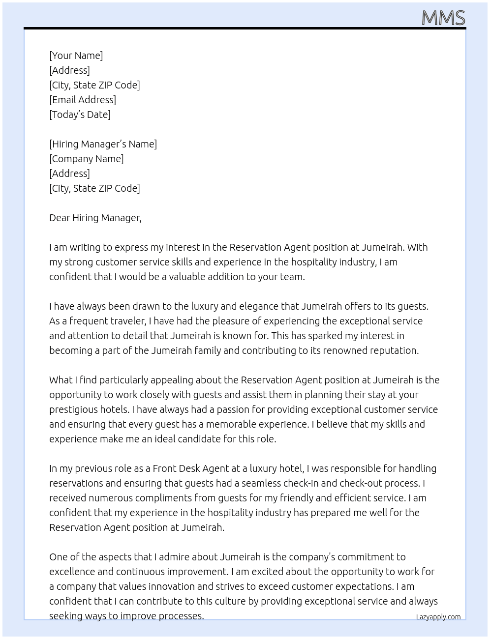 Reservation agent At Jumeirah Cover Letter