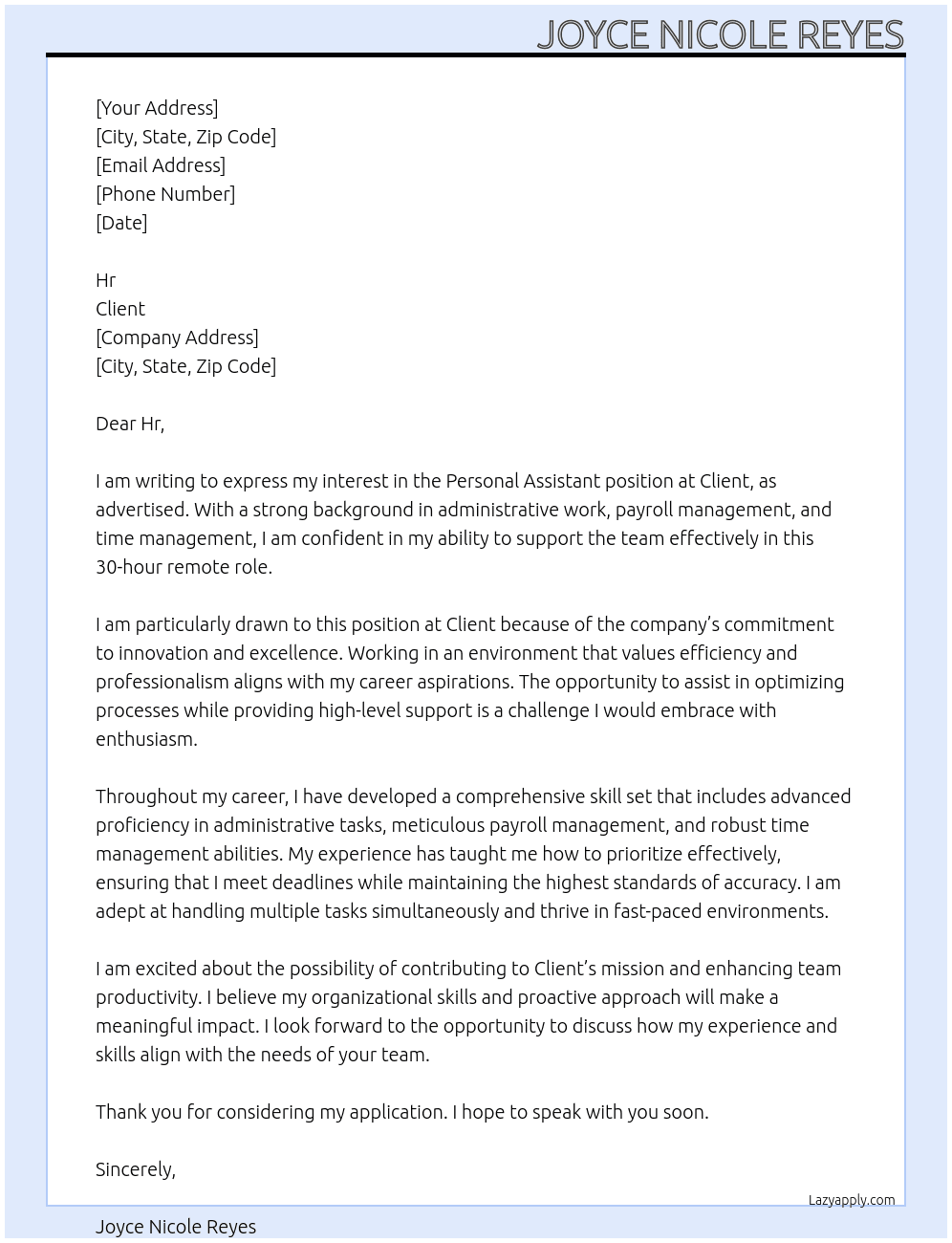 Personal Assistant At Client Cover Letter
