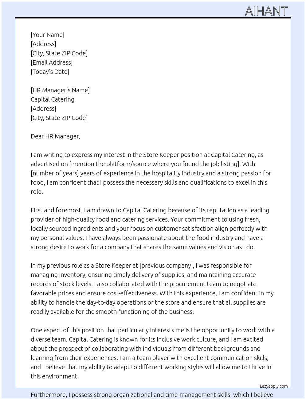 store keeper At capital catering Cover Letter