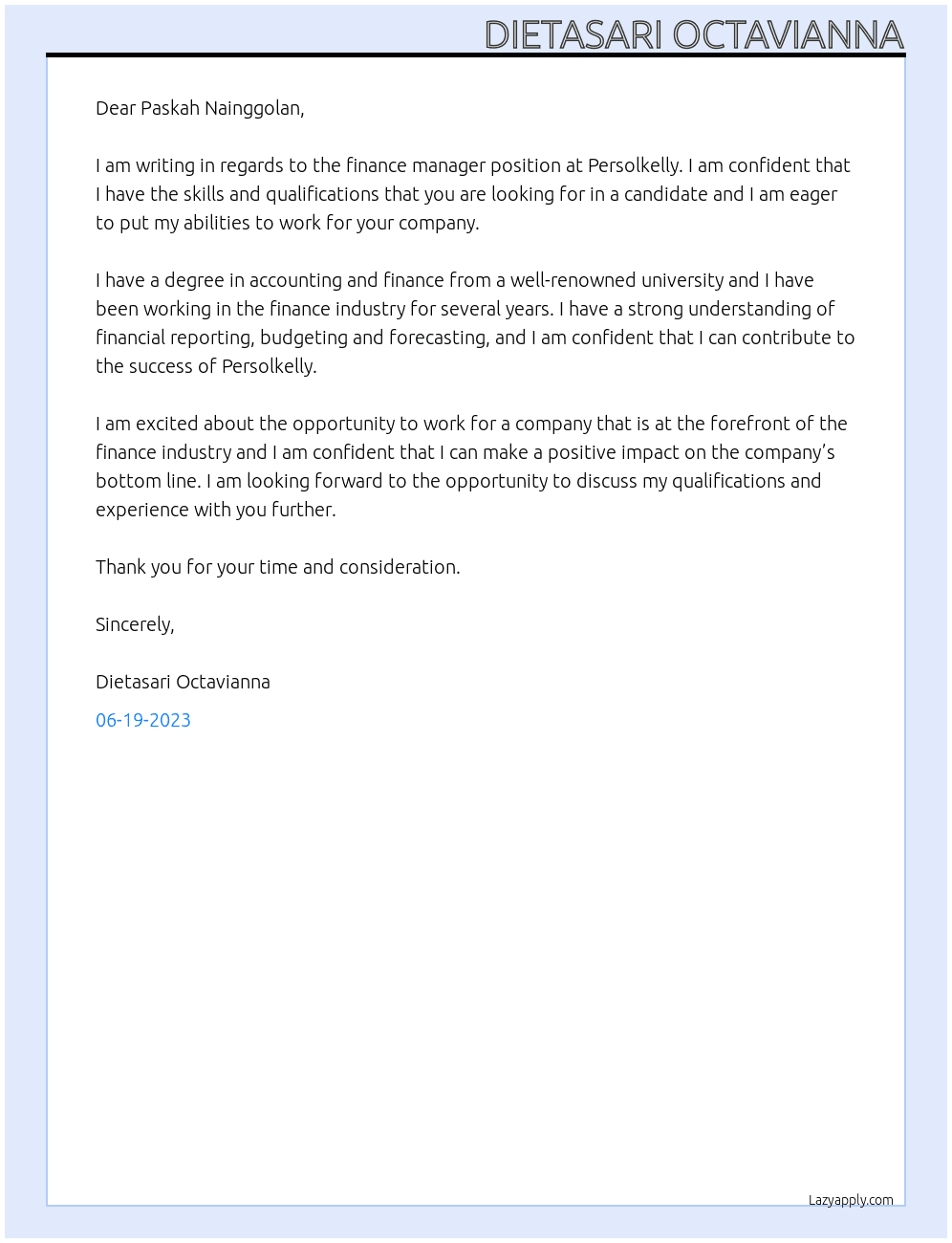 Finance Manager At Persolkelly Cover Letter