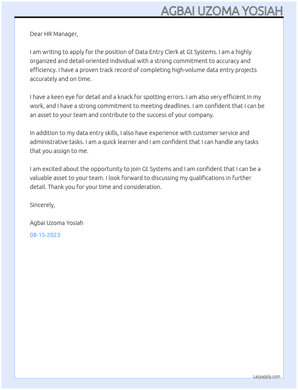Data Entry Clerk At Gt Systems Cover Letter