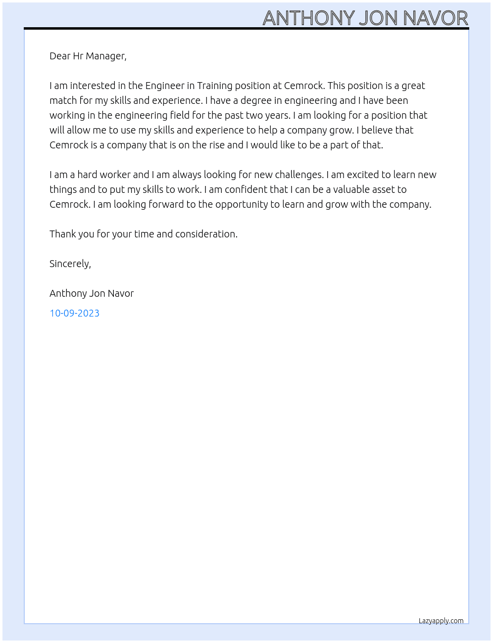 Engineer in Training At Cemrock Cover Letter