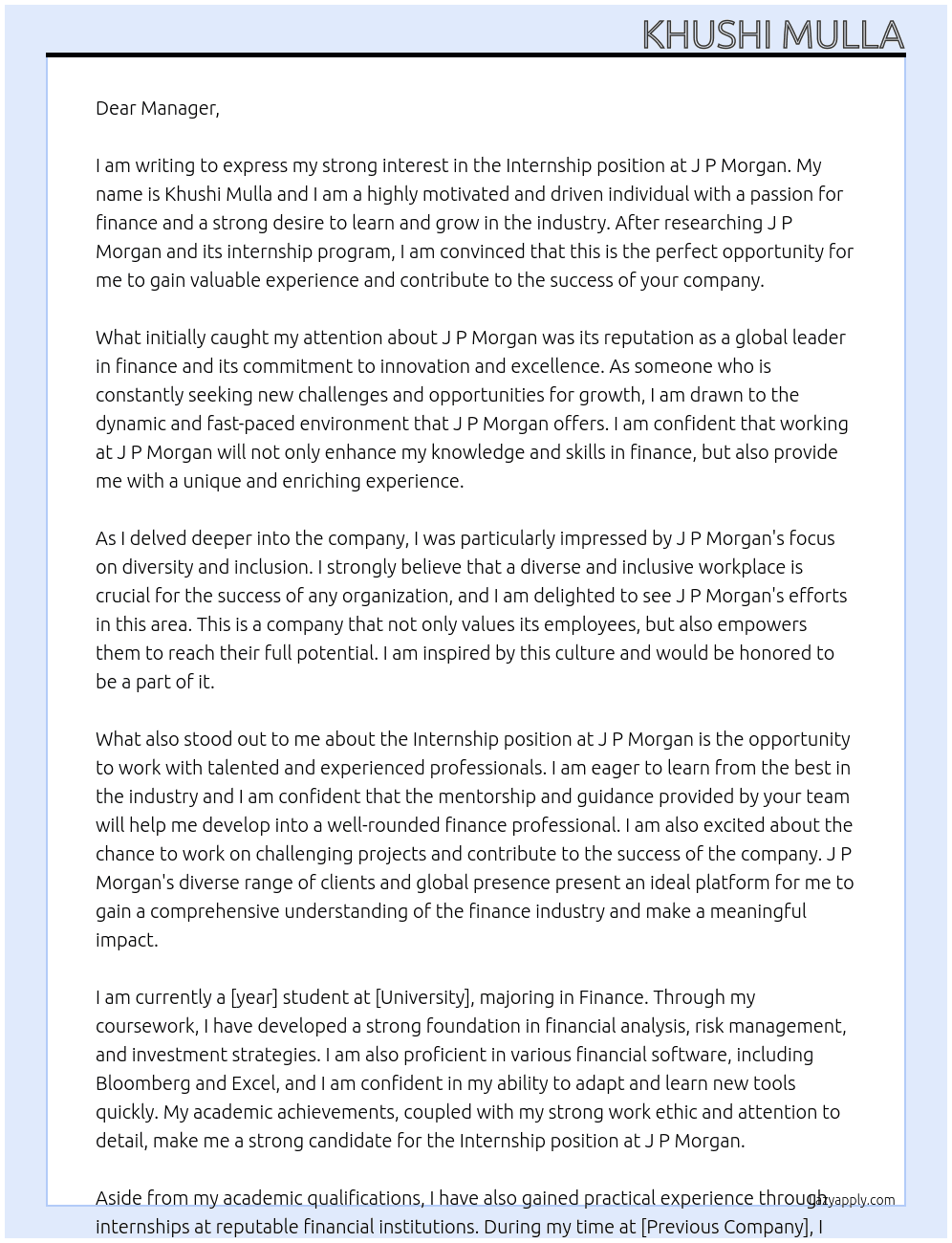 Internship At J P Morgan Cover Letter