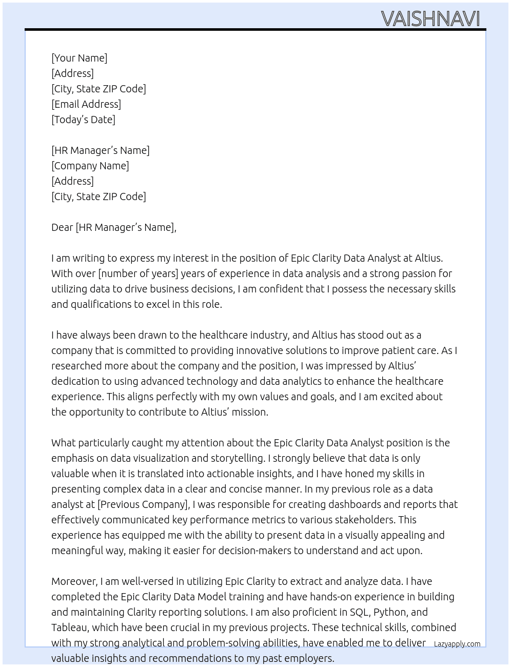Epic clarity data analyst At Altius Cover Letter