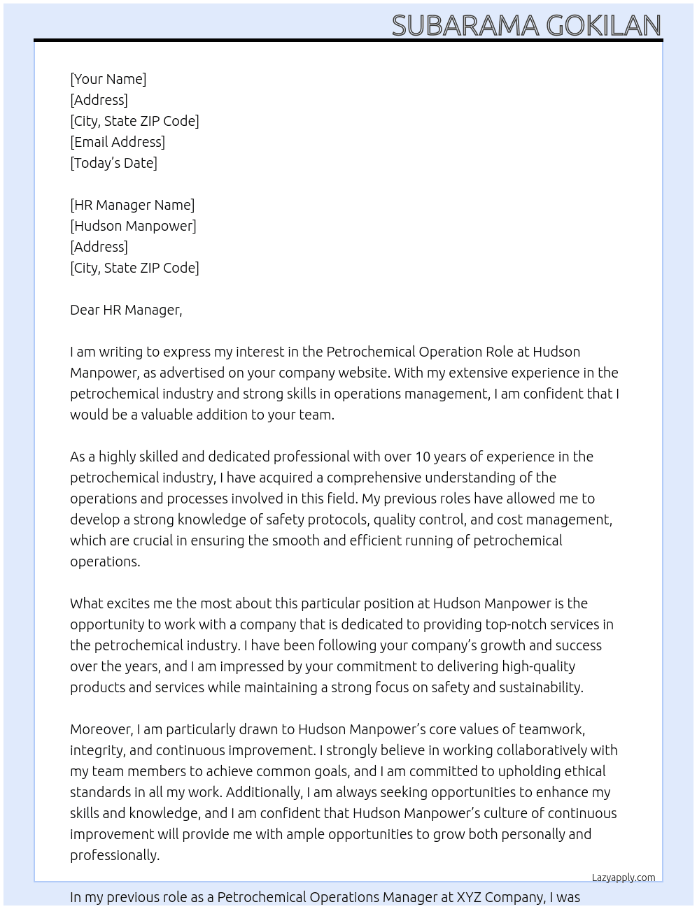 Petrochemical Operation Role At Hudson Manpower Cover Letter