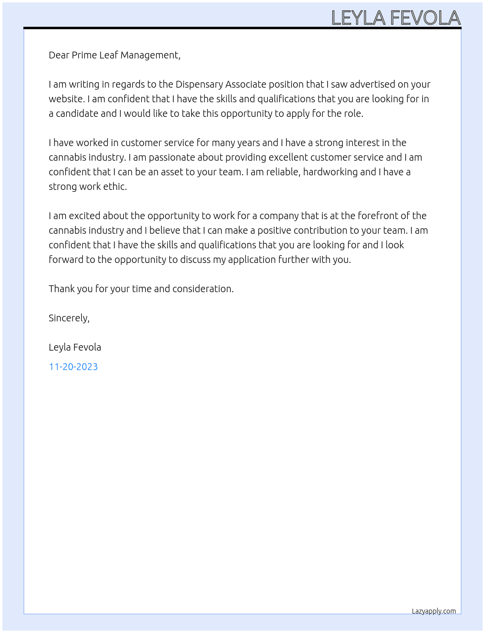 Dispensary Associate  At Prime Leaf  Cover Letter