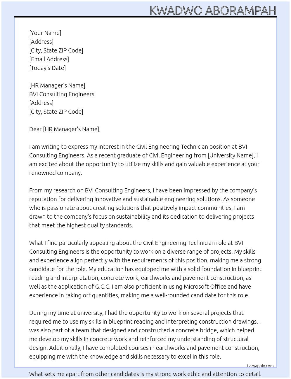 Civil engineering technicician At BVI Consulting Engineers Cover Letter