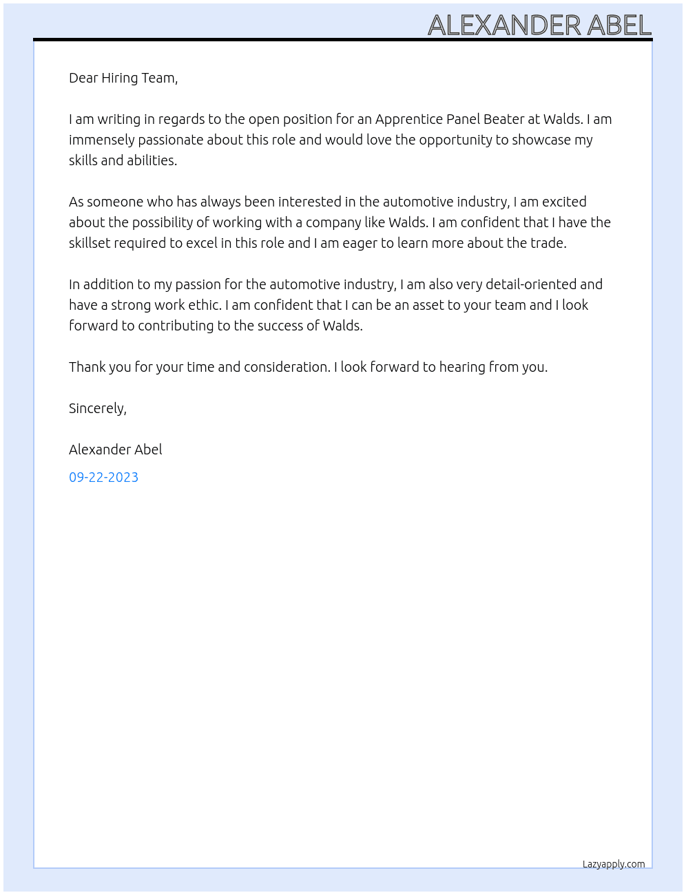 Apprentice Panel Beater At Walds Cover Letter