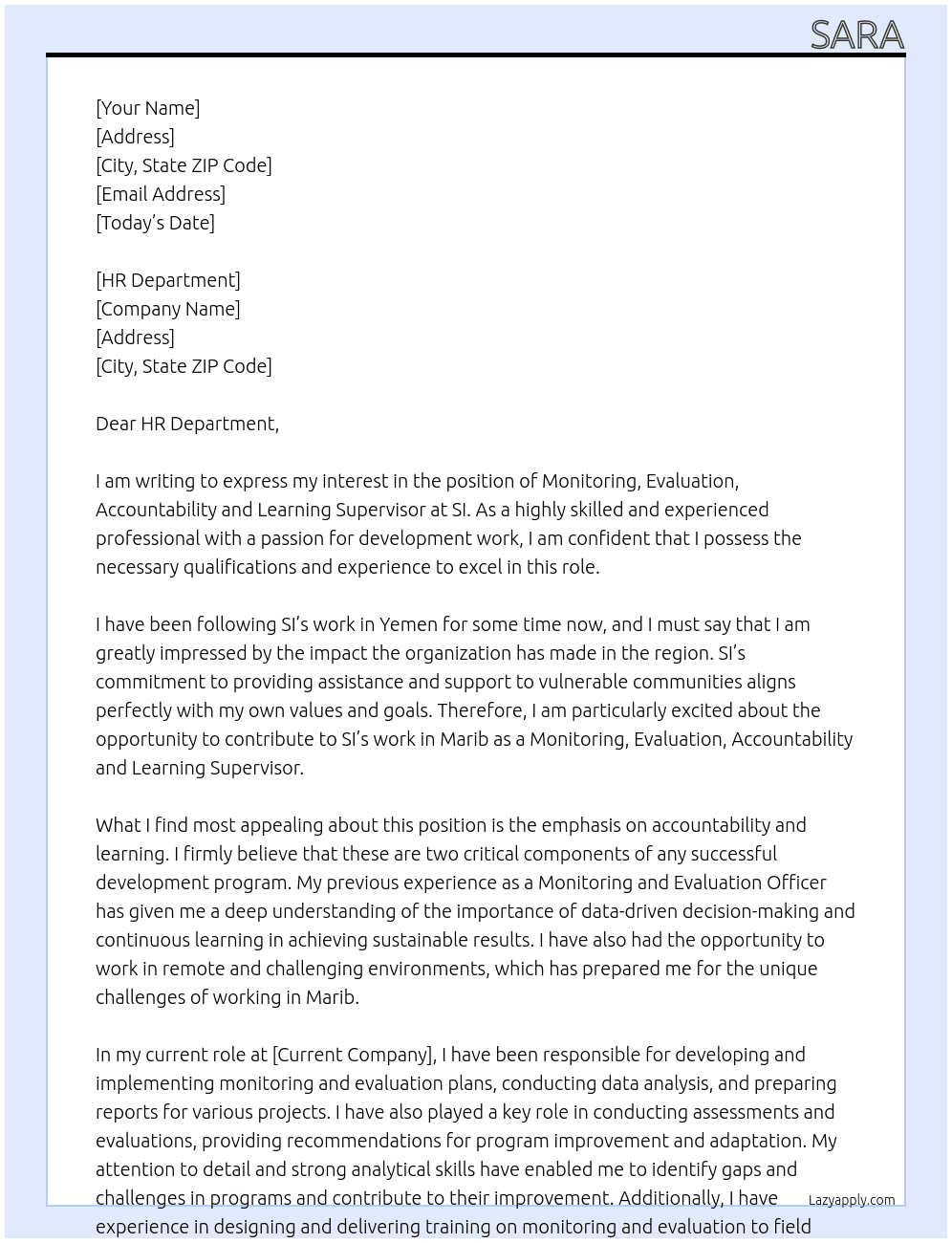 Monitoring, Evaluation, Accountability and Learning Supervisor At SI Cover Letter