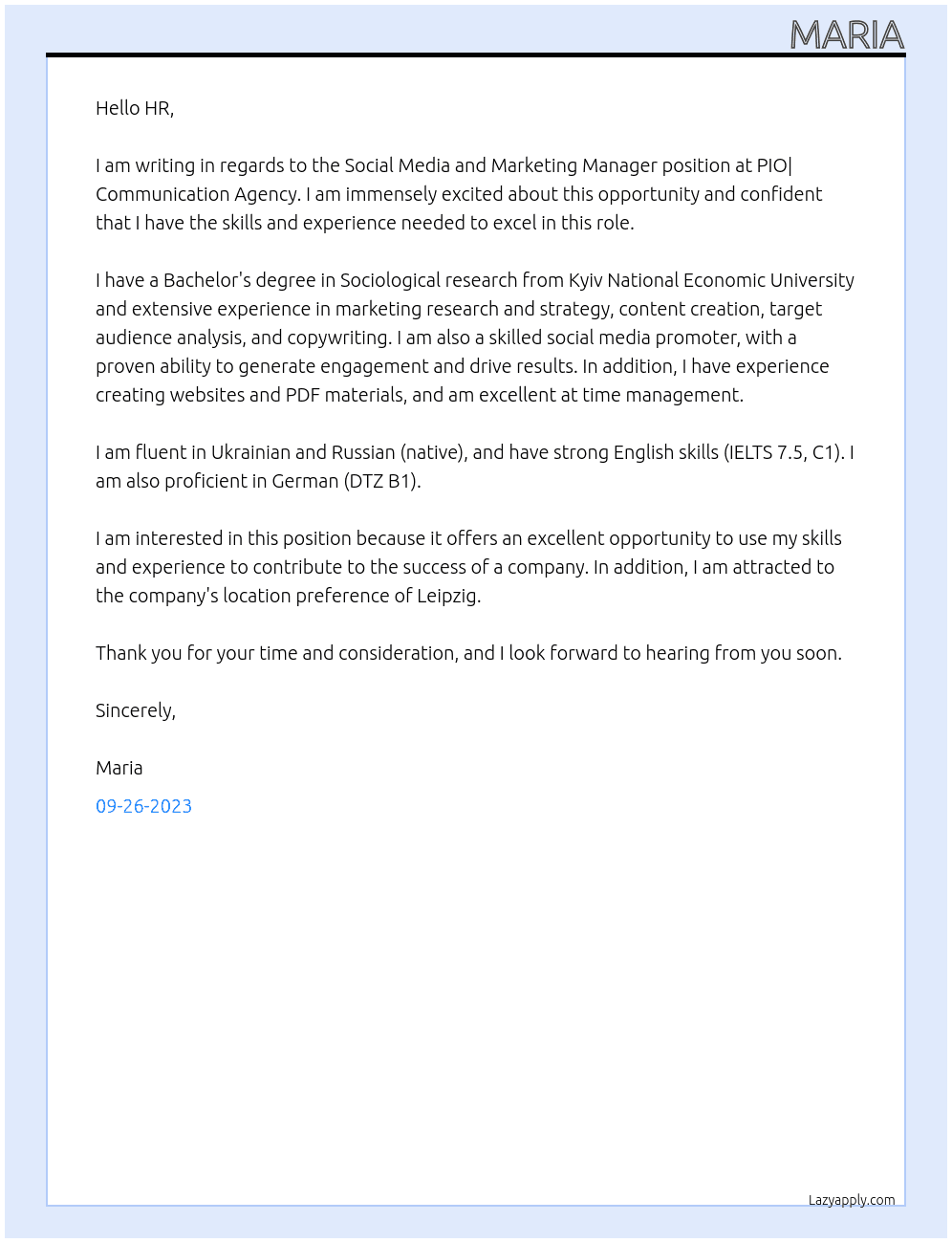 Social Media and Marketing Manager At PIO| Communication Agency  Cover Letter