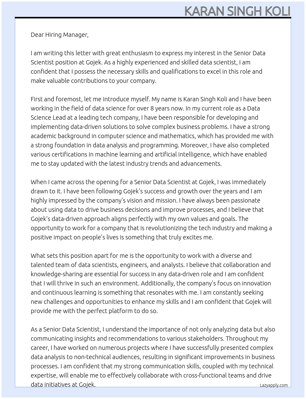 Senior Data Scientist At Gojek Cover Letter