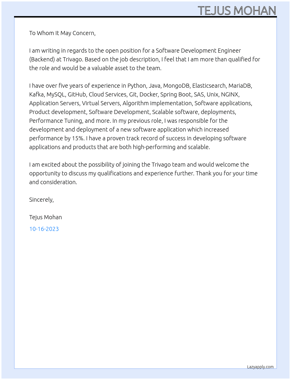Software Development Engineer (Backend) At Trivago Cover Letter