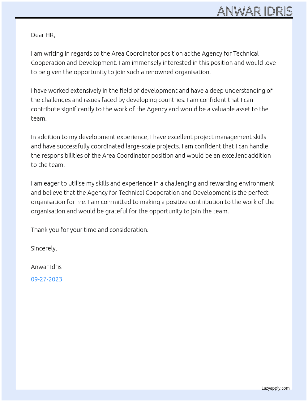 Area Coordinator At Agency for Technical Cooperation and Development  Cover Letter