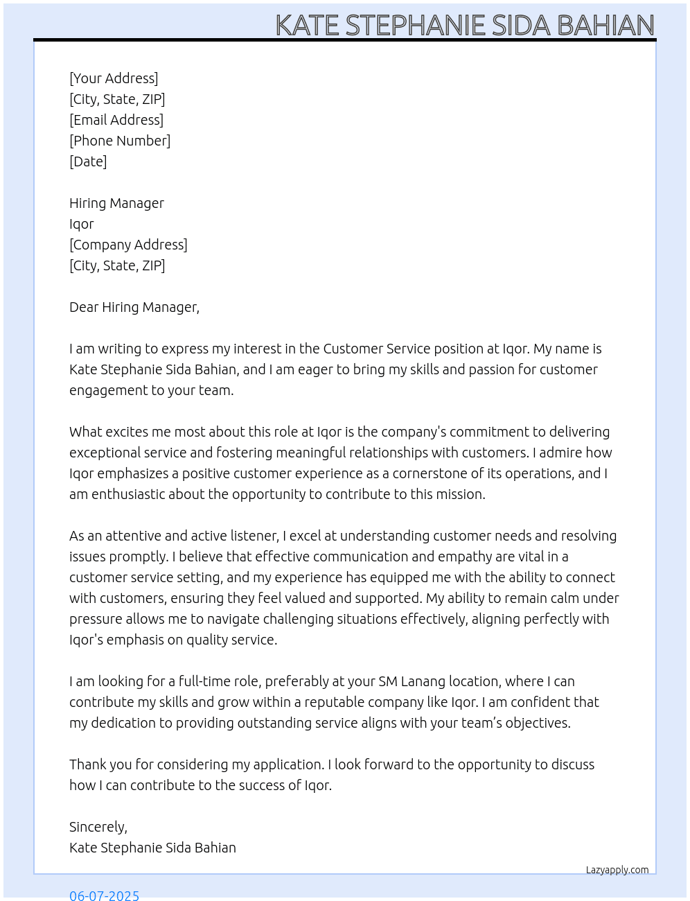 costumer service  At Iqor Cover Letter