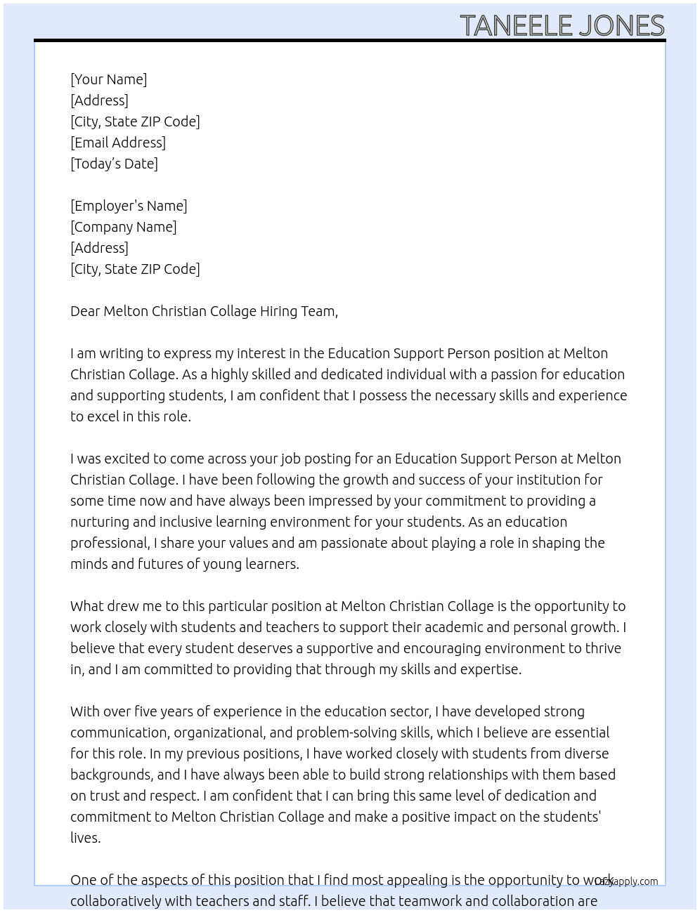 Education Support Person At Melton Christian Collage Cover Letter
