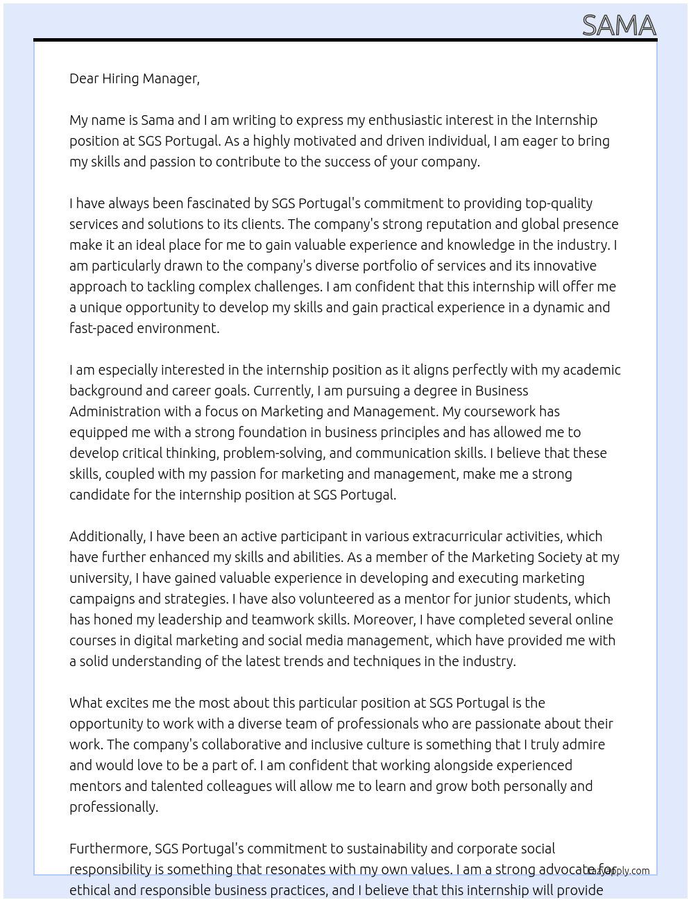 Internship At SGS Portugal  Cover Letter