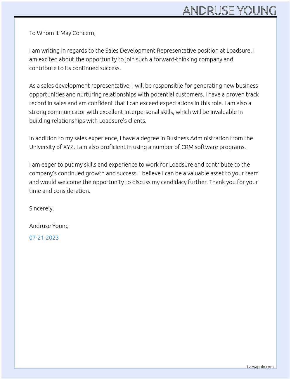 Sales Development Representative At Loadsure Cover Letter