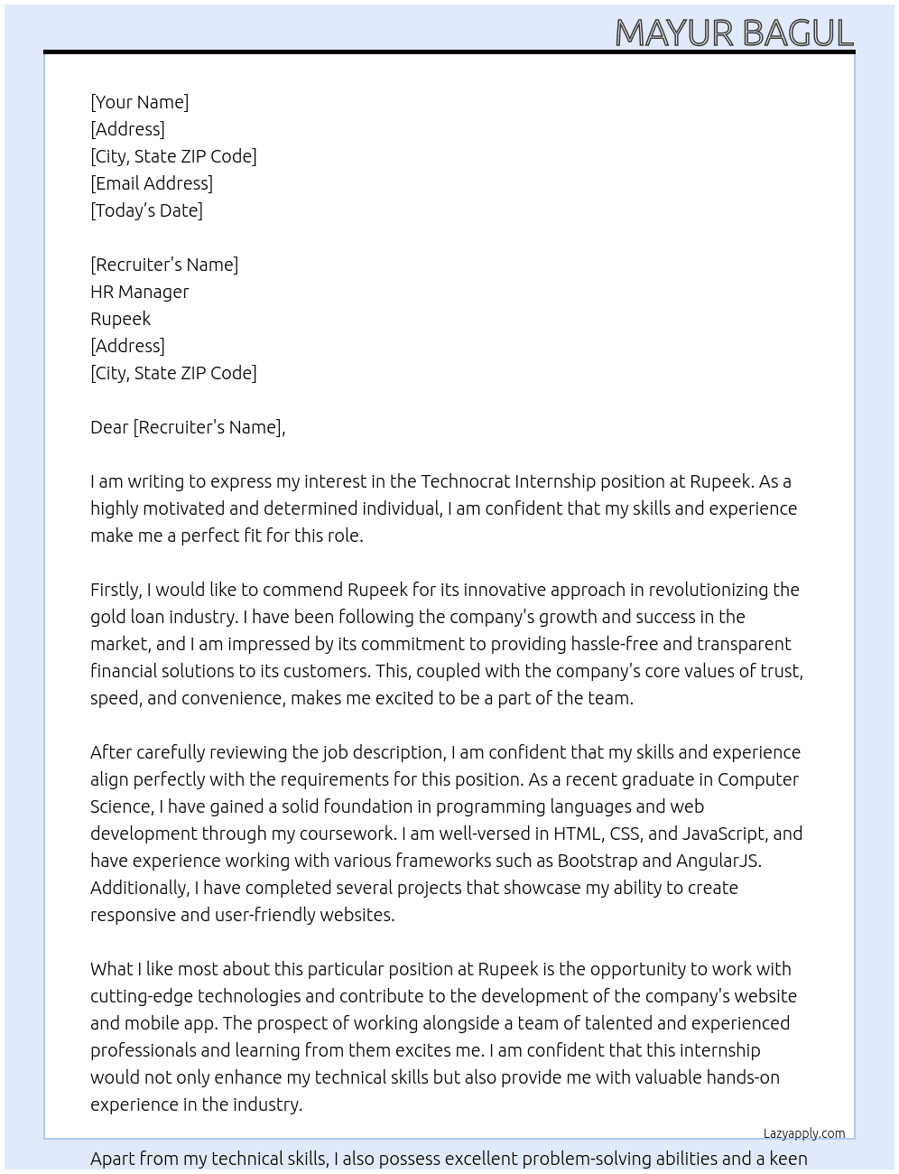 Technocrat Internship At Rupeek Cover Letter