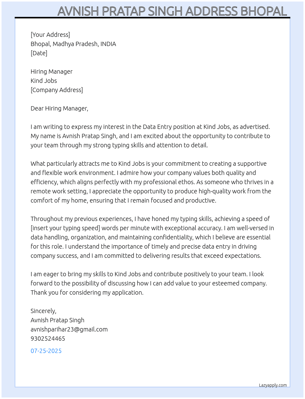 Data entry At Kind  Jobs Cover Letter
