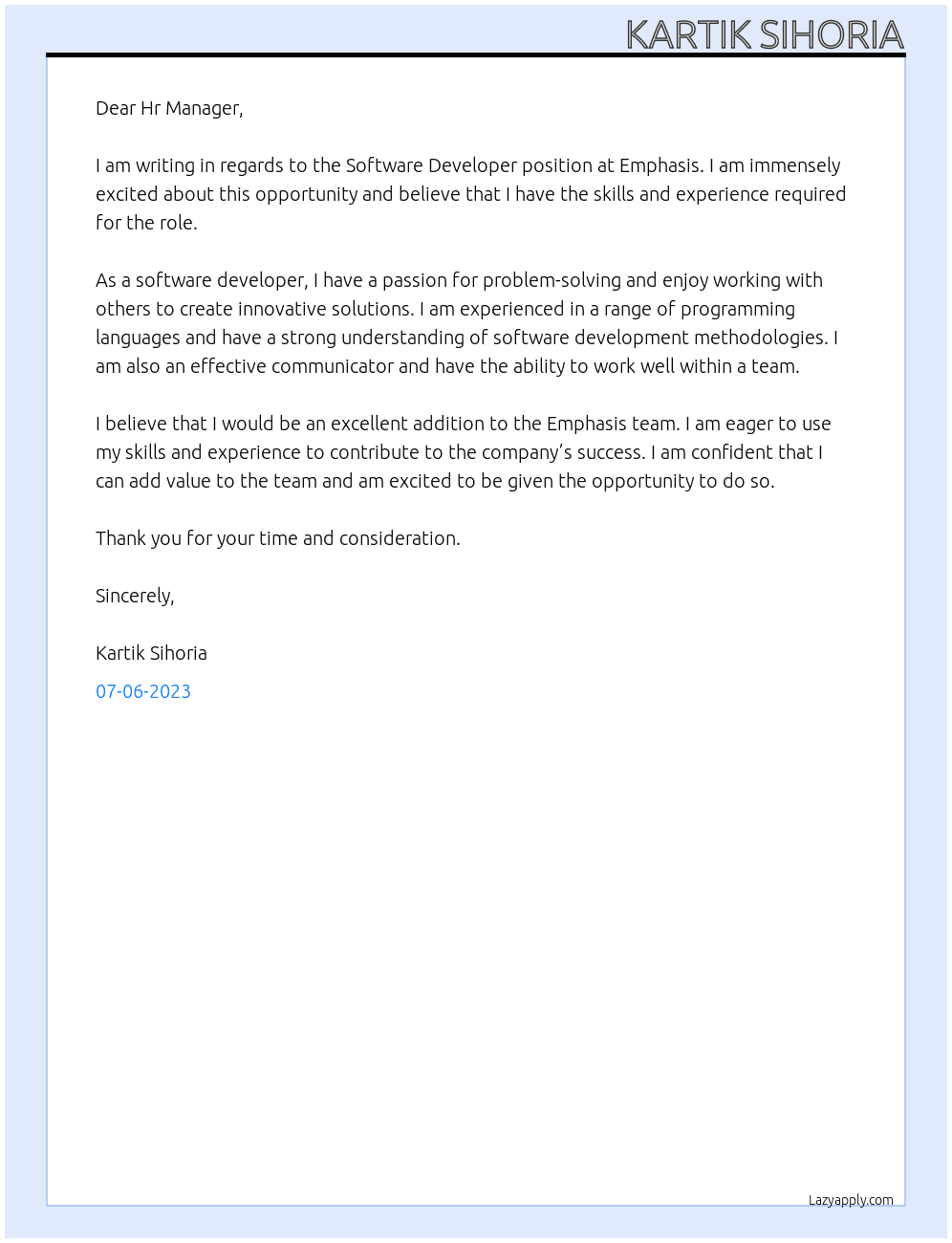 Software Developer At Emphasis Cover Letter