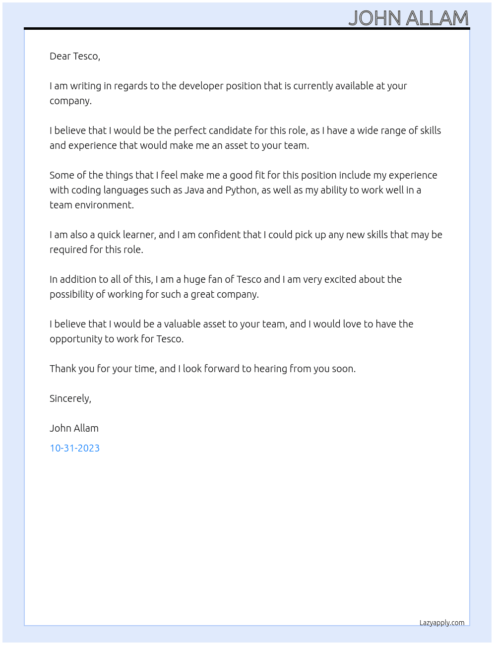 developer At Tesco Cover Letter