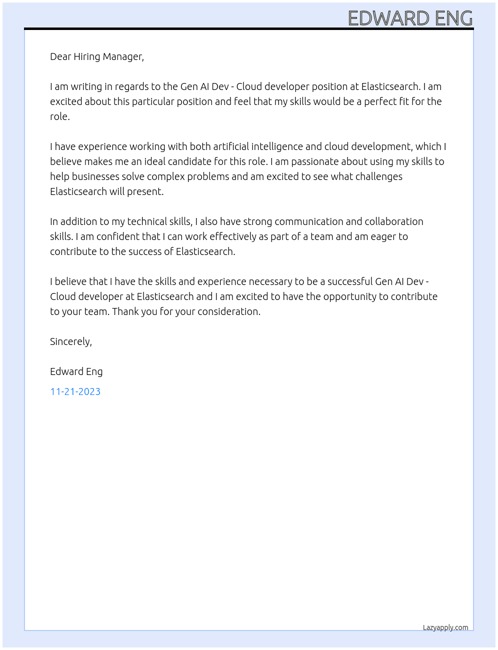 Gen AI Dev - Cloud developer At Elasticsearch Cover Letter