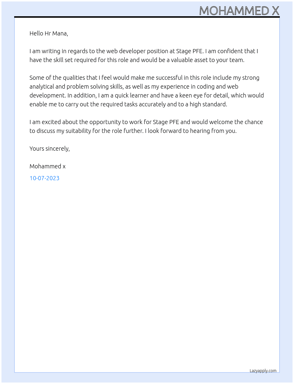Web Developer  At Stage PFE Cover Letter