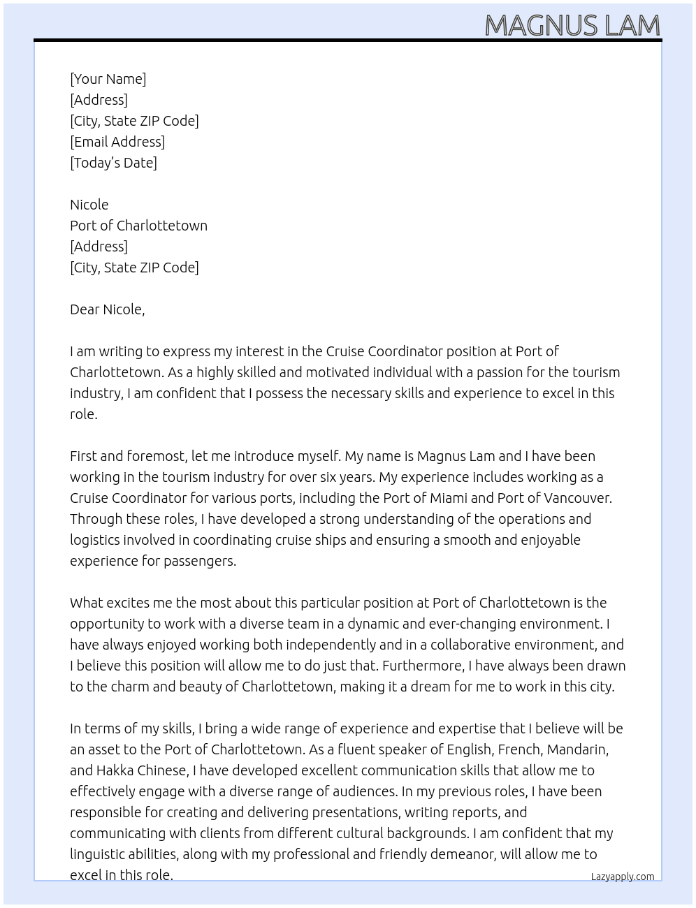 Cruise Coordinator At Port of Charlottetown Cover Letter