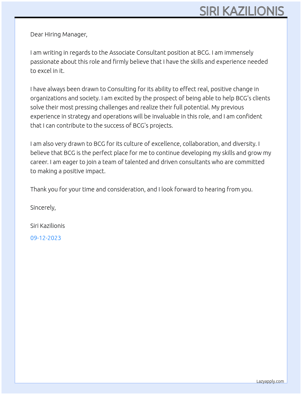 Associate consultant  At BCG  Cover Letter