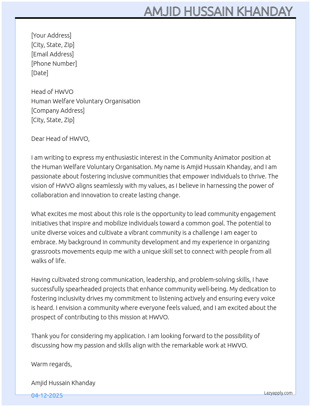 Community animator  At Human Welfare Voluntary Organisation Cover Letter
