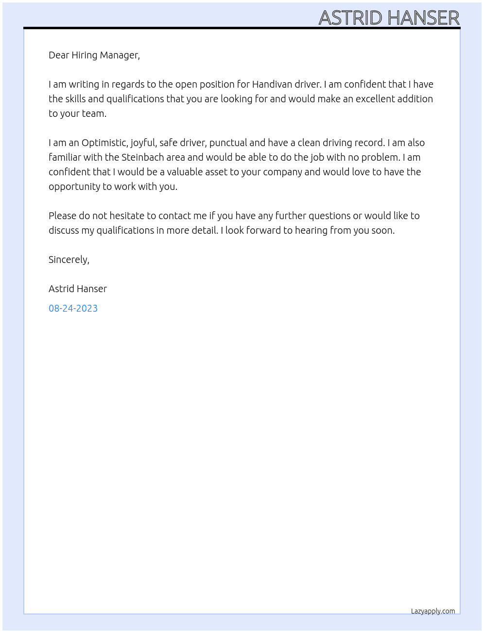Handivan driver At Envision Cover Letter