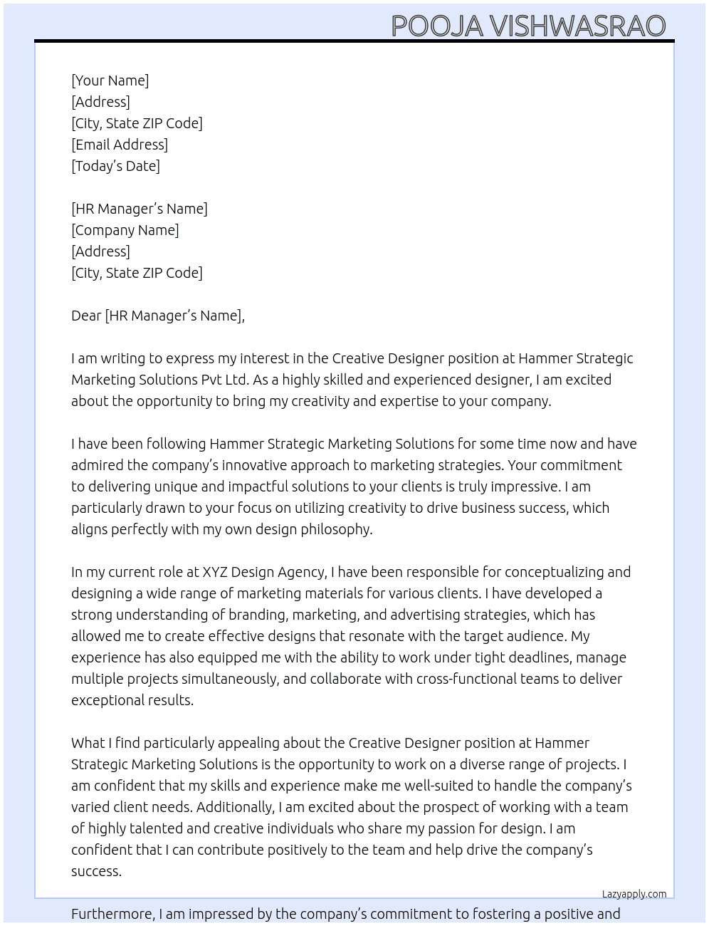Creative Designer At Hammer Strategic Marketing Solutions pvt ltd Cover Letter