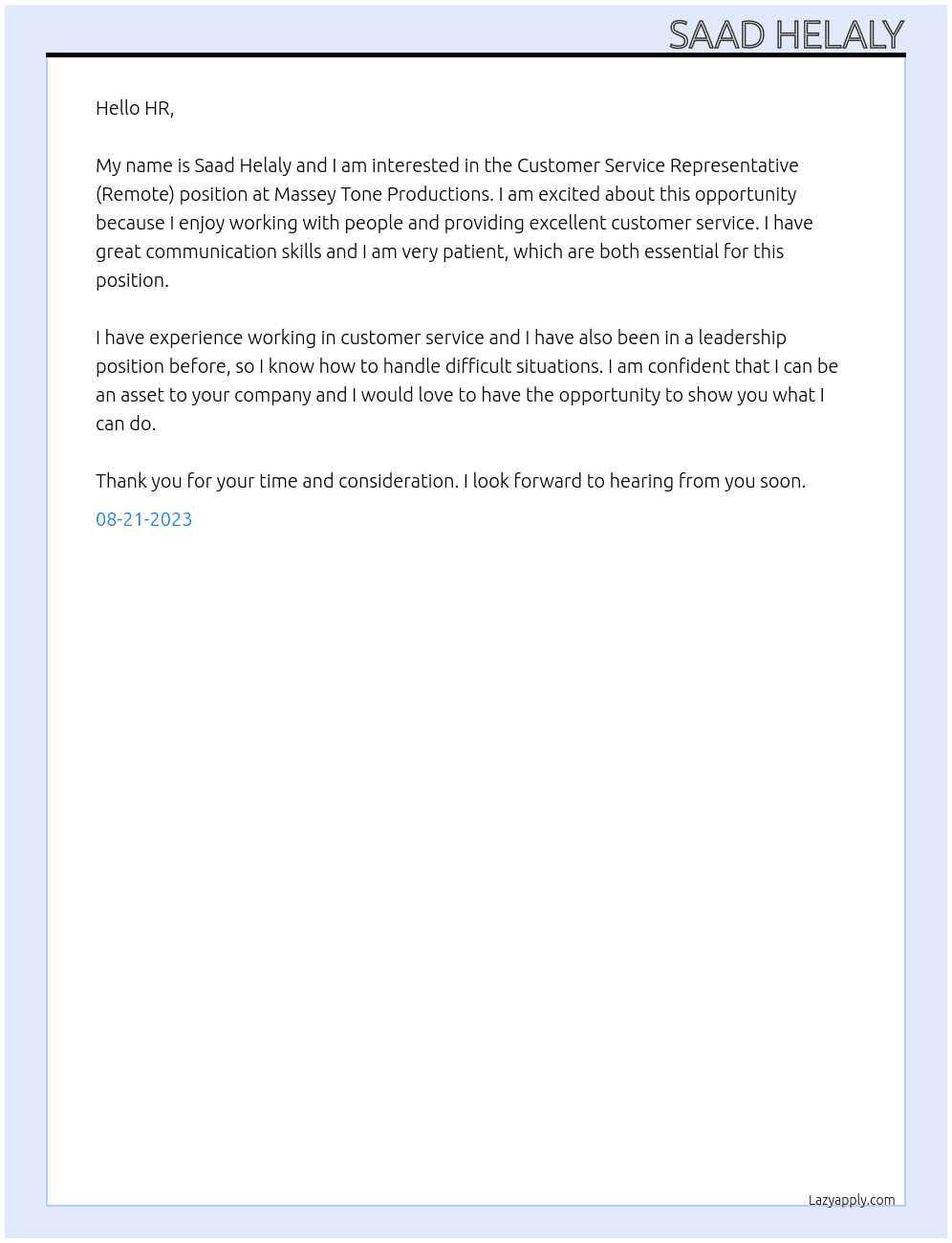 Customer Service Representative (Remote) At Massey Tone Productions Cover Letter