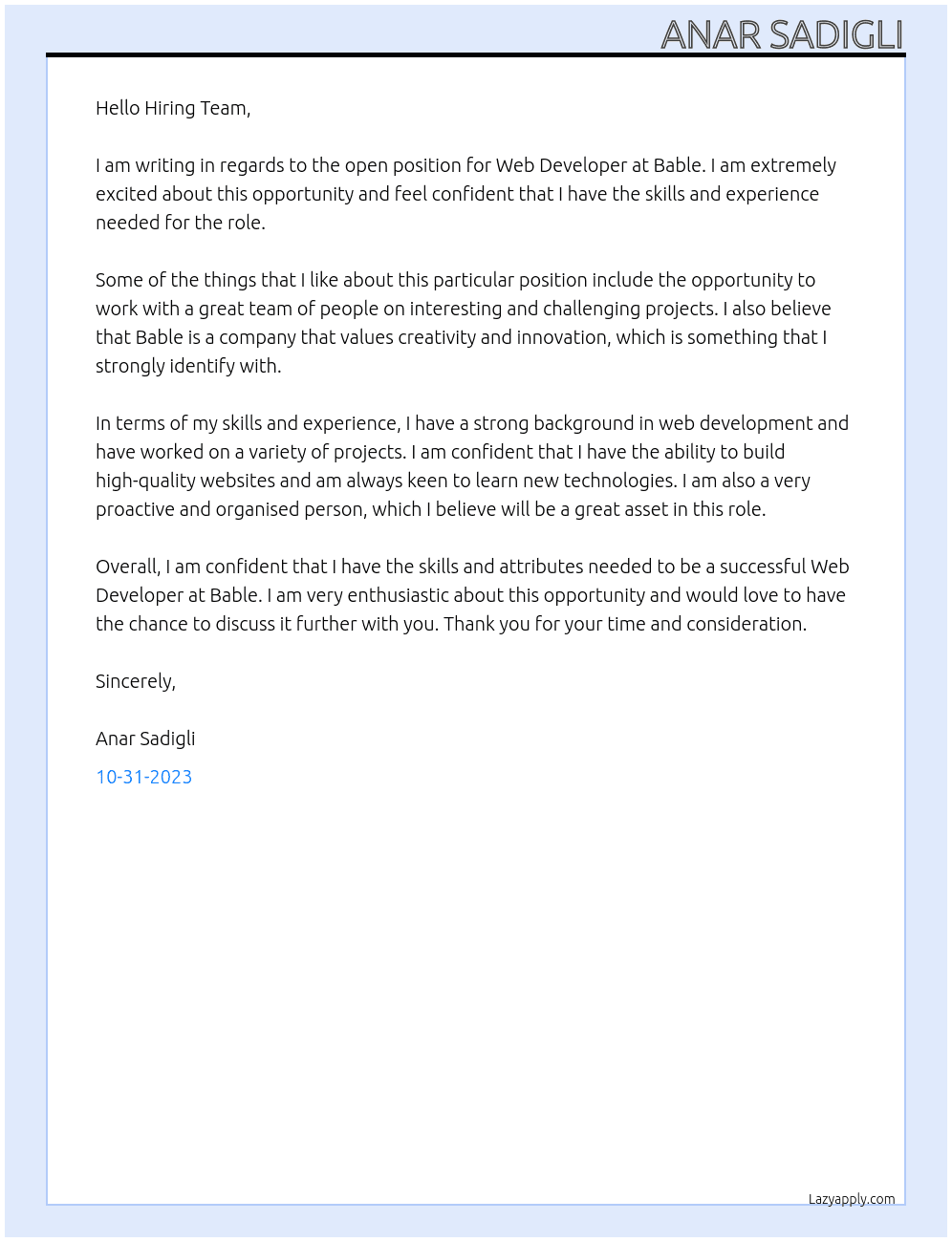 Web Developer At Bable Cover Letter