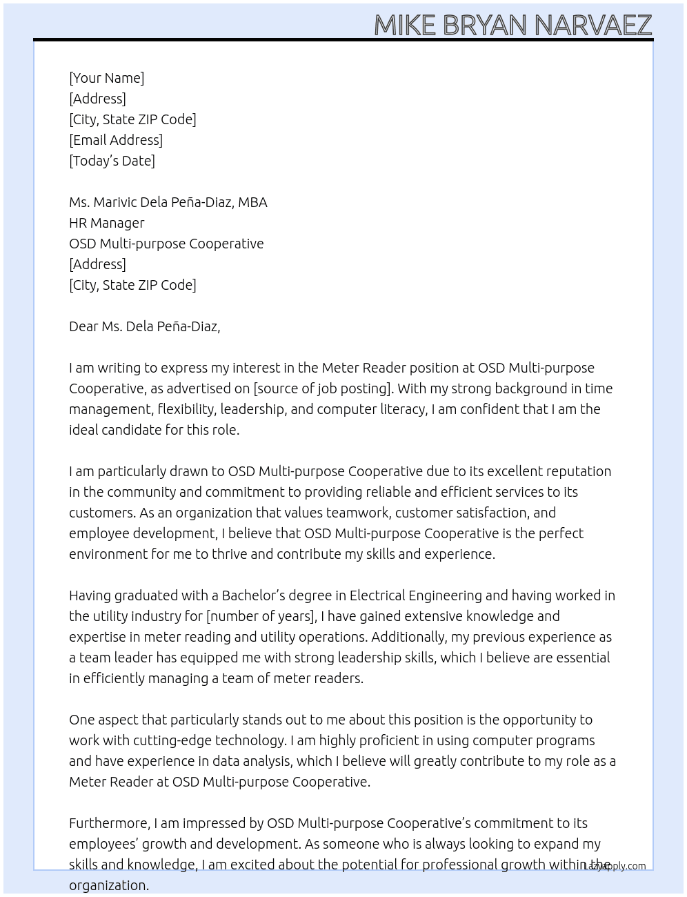 Meter Reader At OSD Multi-purpose Cooperative Cover Letter