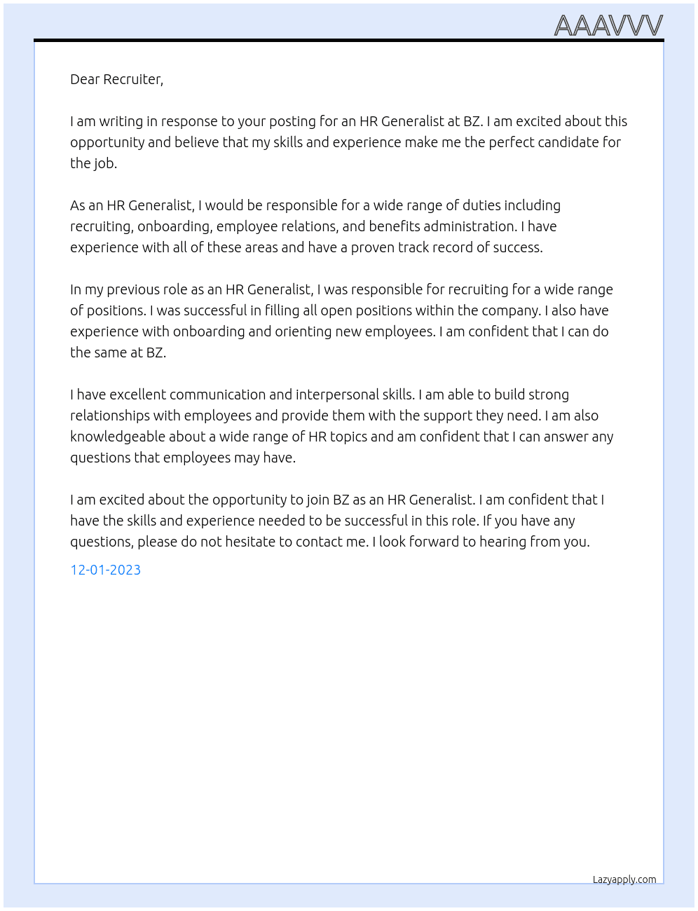 HR Generalist At BZ Cover Letter