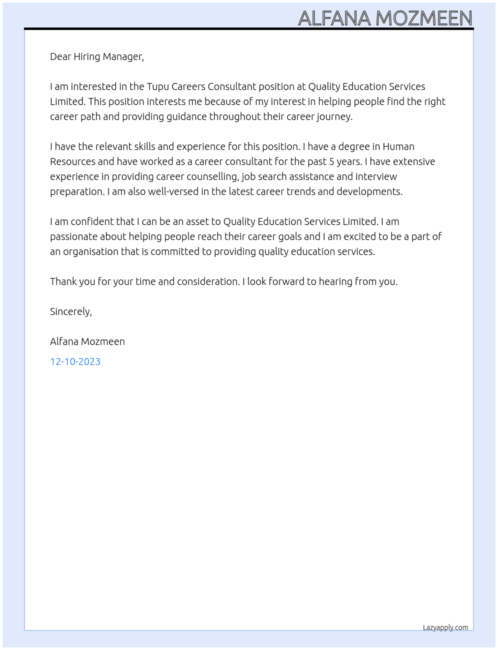 Tupu Careers Consultant  At Quality Education Services Limited Cover Letter