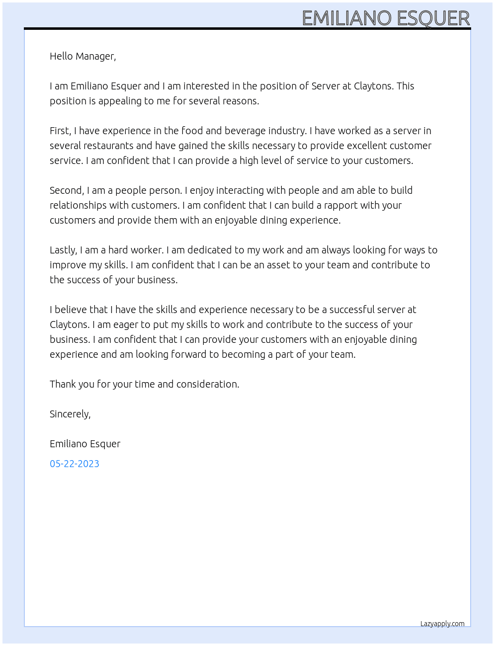 Server At Claytons Cover Letter