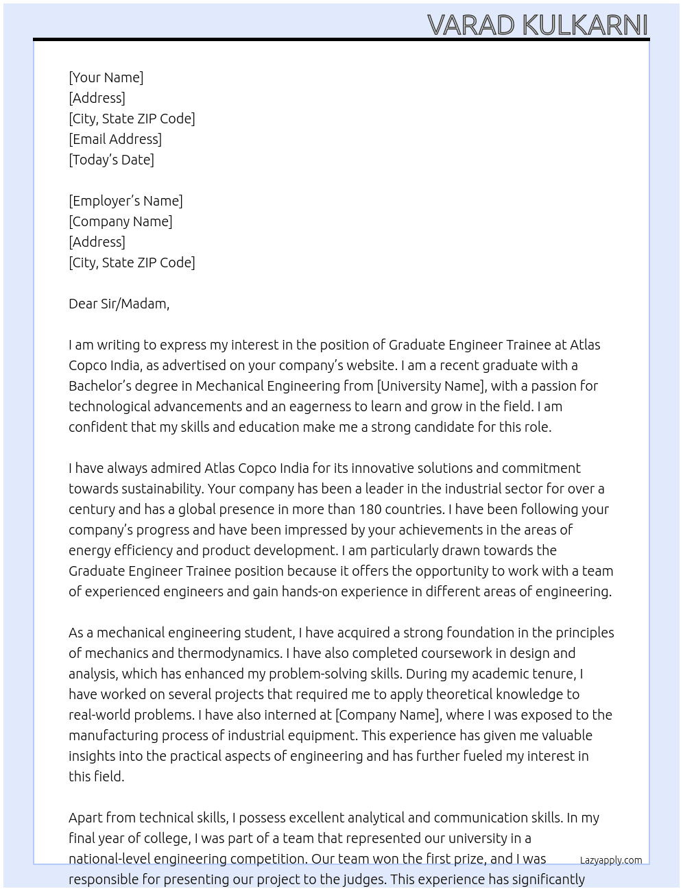 Graduate Engineer Trainee At Atlas Copco India Cover Letter