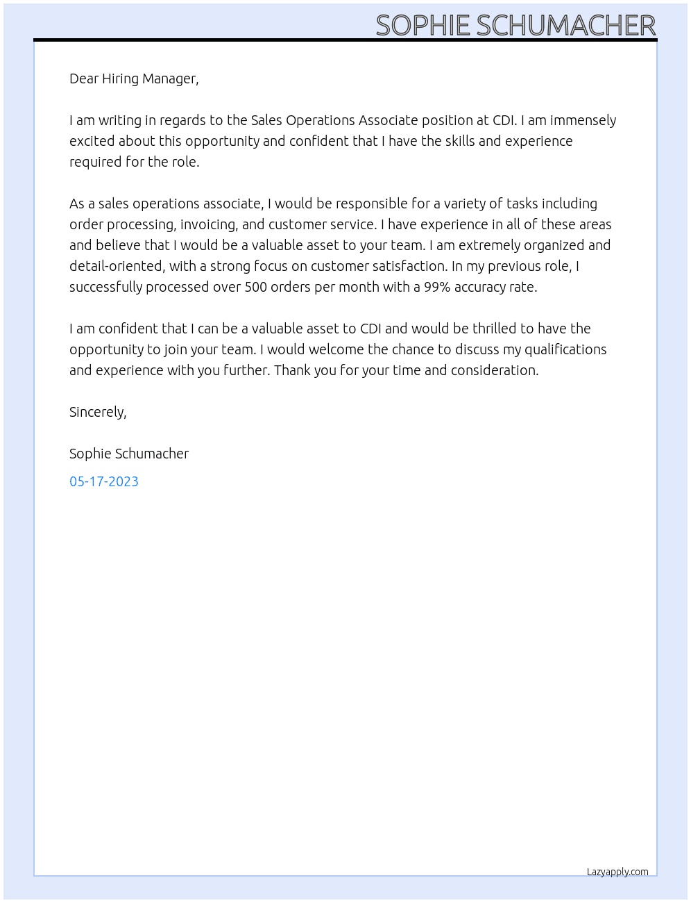 Sales Operation Associate At CDI Cover Letter