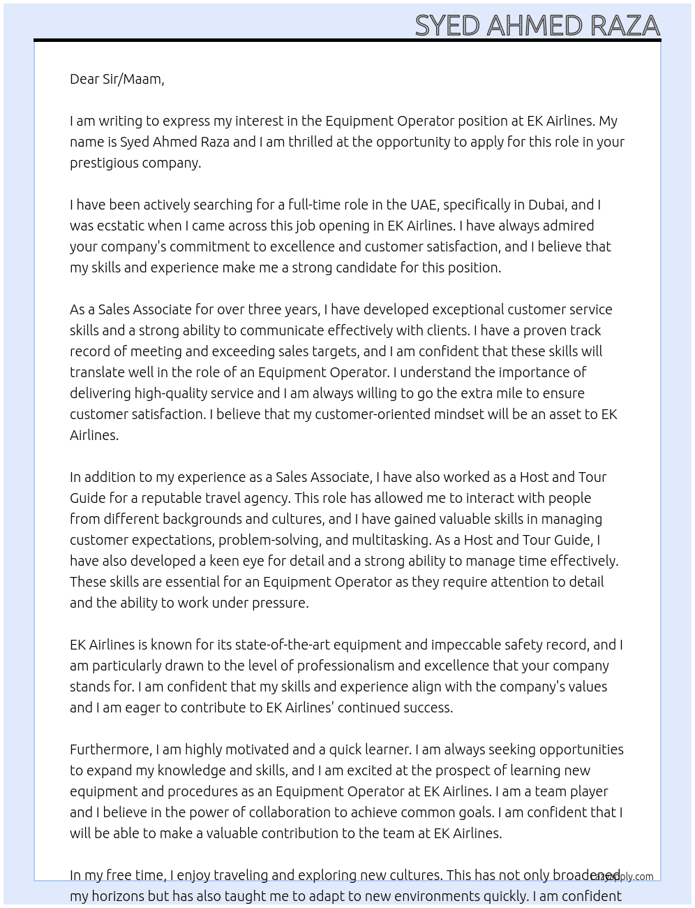 Equipment operator At EK airlines Cover Letter