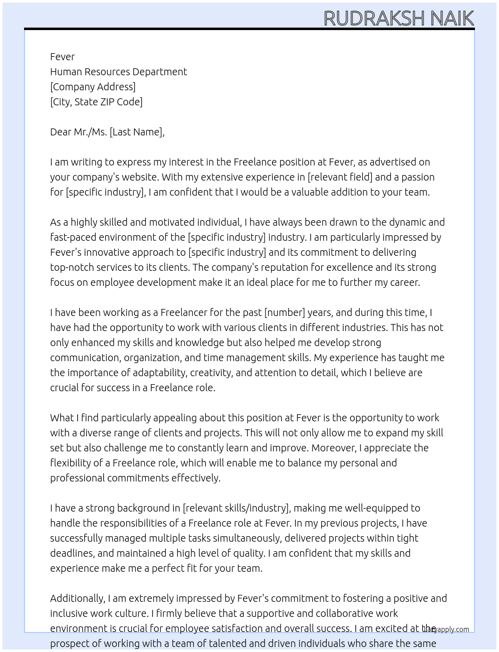 Freelance At Fever Cover Letter