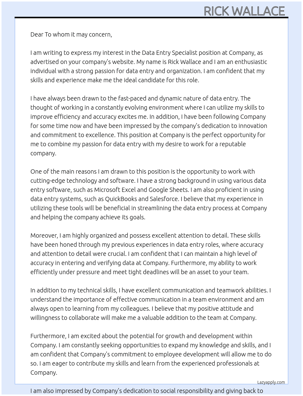 Data Entry Specialist  At Company  Cover Letter