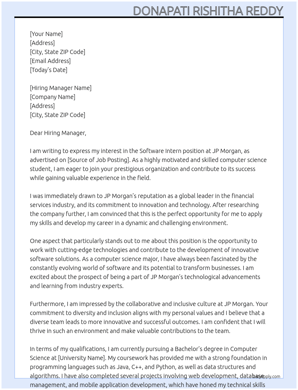 Software intern At JP Morgan  Cover Letter