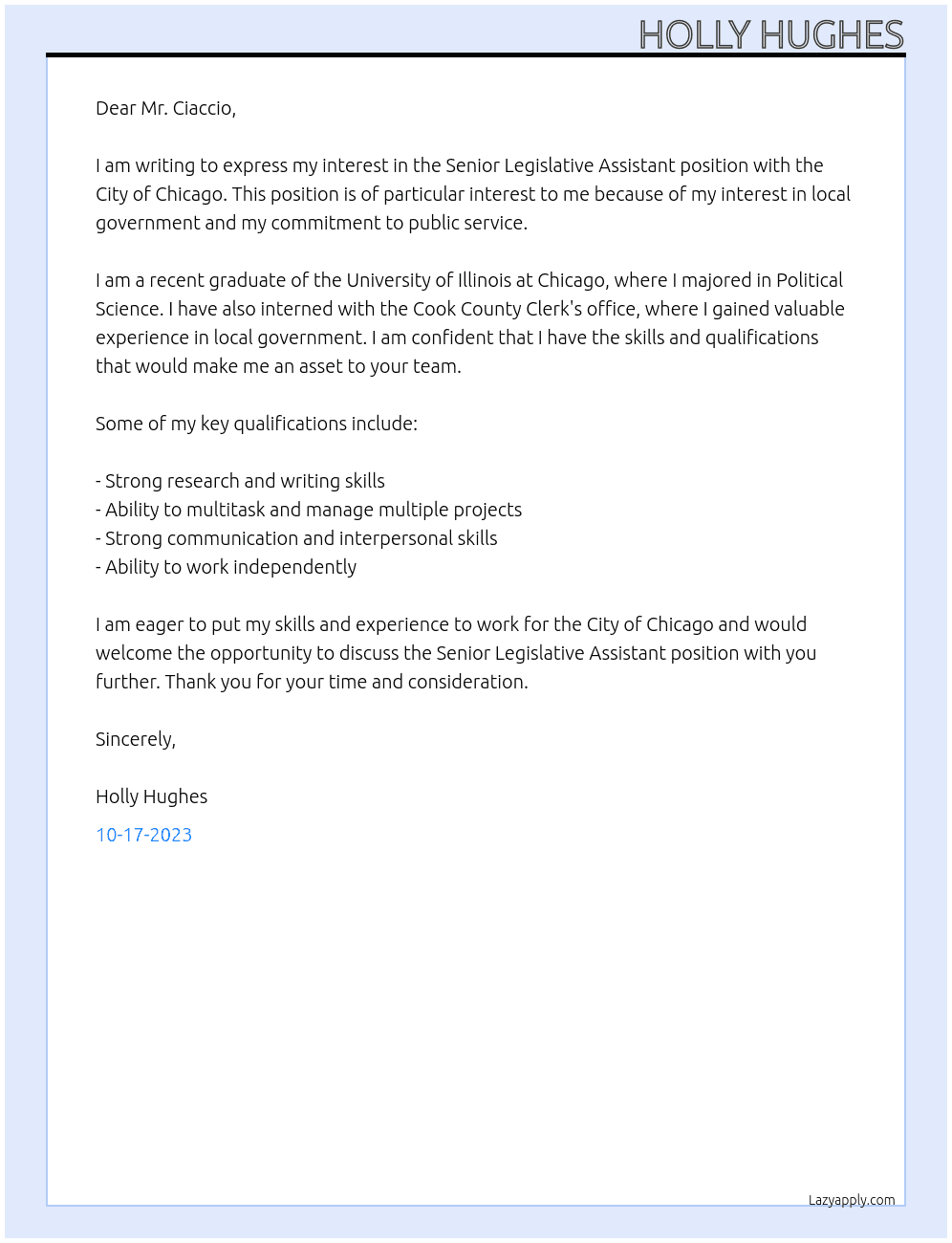 Senior Legislative Assistant At City of Chicago Cover Letter