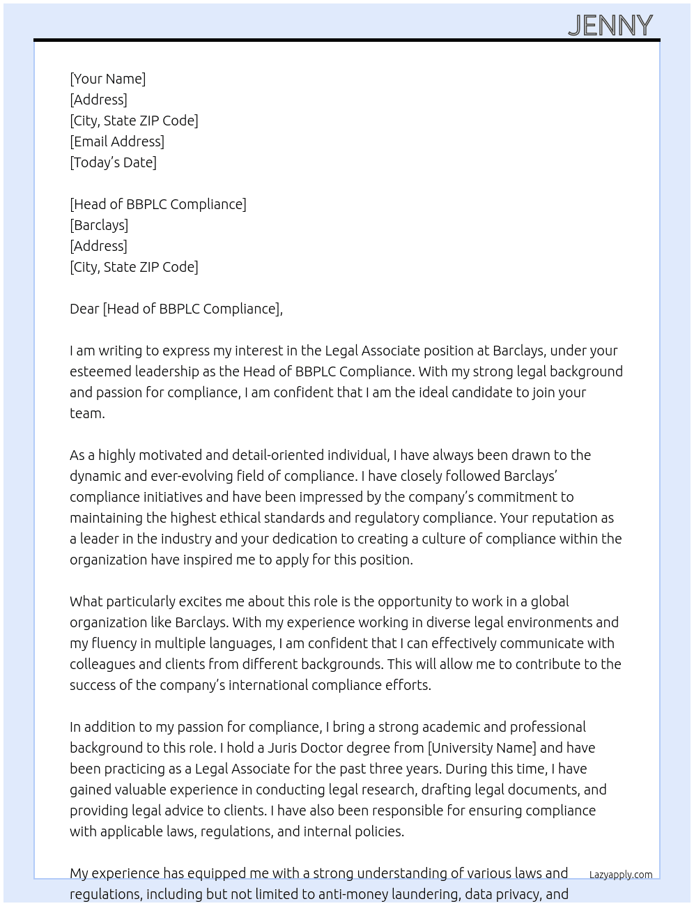 legal associate  At Barclays  Cover Letter