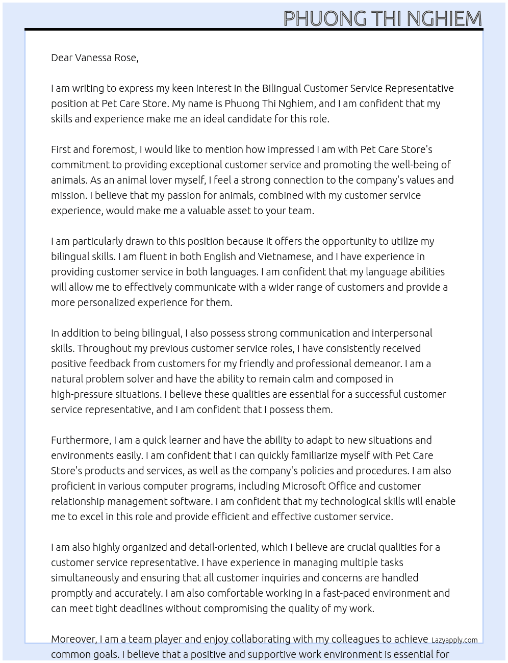  Bilingual Customer Service Representative At Pet Care Store Cover Letter