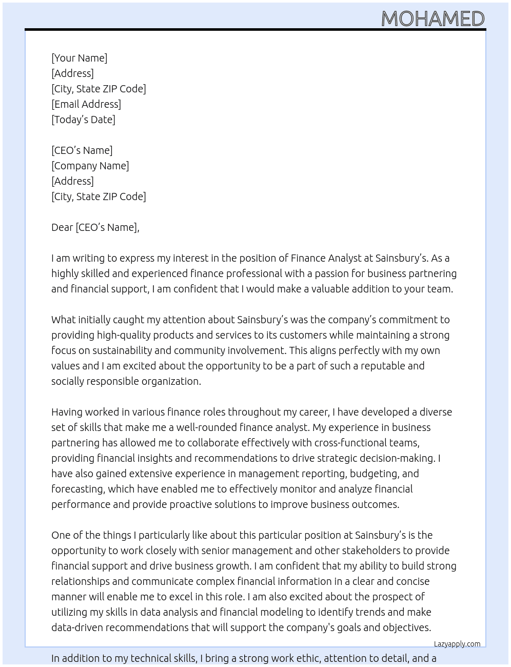 Finance Analyst At Sainsbury’s Cover Letter